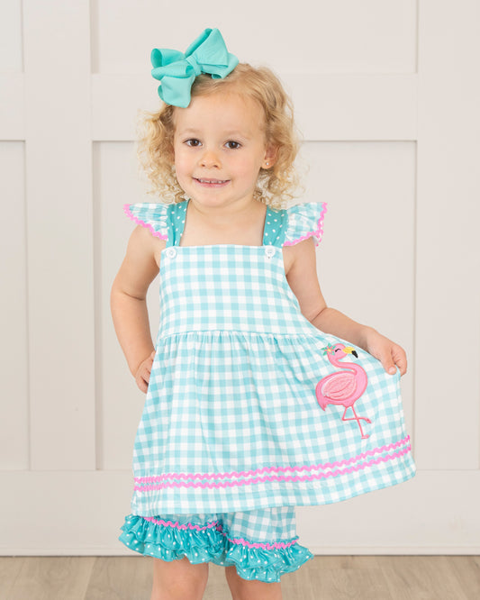 (Custom Design Preorder MOQ 5 Each Design) Flamingo Plaid Print Girls Summer Matching Clothes Sisters Wear