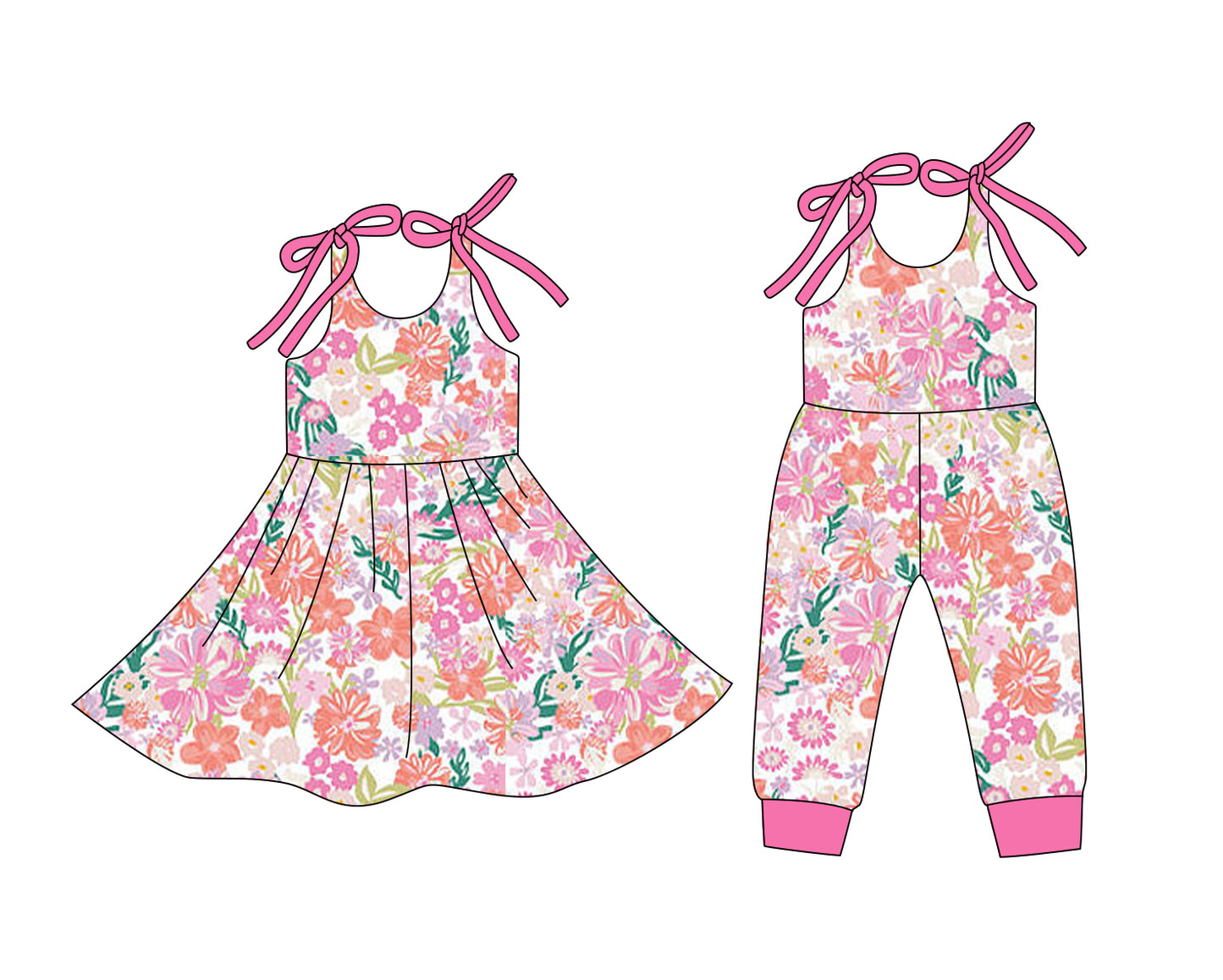 12.24 (Custom Design Preorder MOQ 5 Each Design) Pink Flowers Print Girls Summer Matching Clothes Sisters Wear