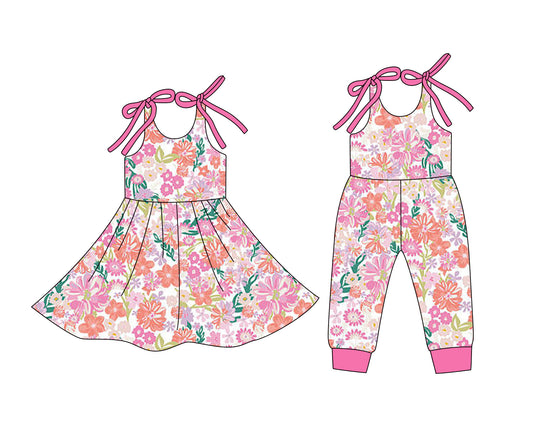 12.24 (Custom Design Preorder MOQ 5 Each Design) Pink Flowers Print Girls Summer Matching Clothes Sisters Wear