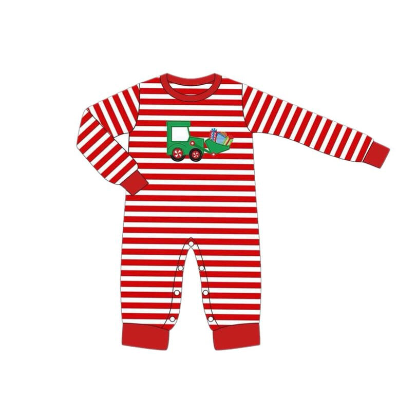 (Custom Design Preorder MOQ 5) Tractors Red Stripes Print Baby Boys Christmas Romper