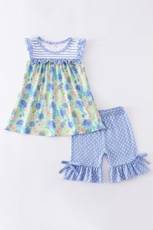 (Custom Design Preorder MOQ 5)  Flowers Print Girls Summer Clothes Set