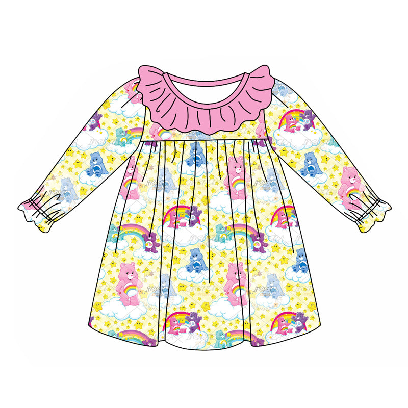 (Custom Design Preorder MOQ 5)  Cartoon Bear Rainbow Stars Print Girls Knee Length Fall Dress