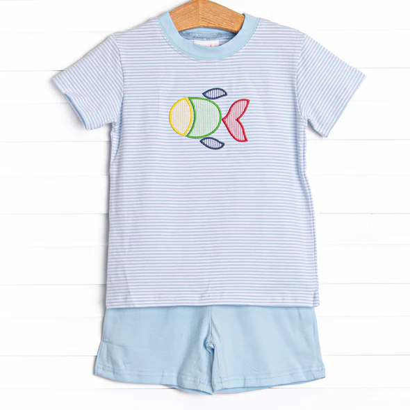 (Custom Design Preorder MOQ 5) Fish Stripes Top Blue Shorts Boys Summer Clothes Set