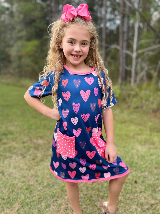 (Custom Design Preorder MOQ 5) Pink Heart Pockets Girls Valentine's Knee Length Dress
