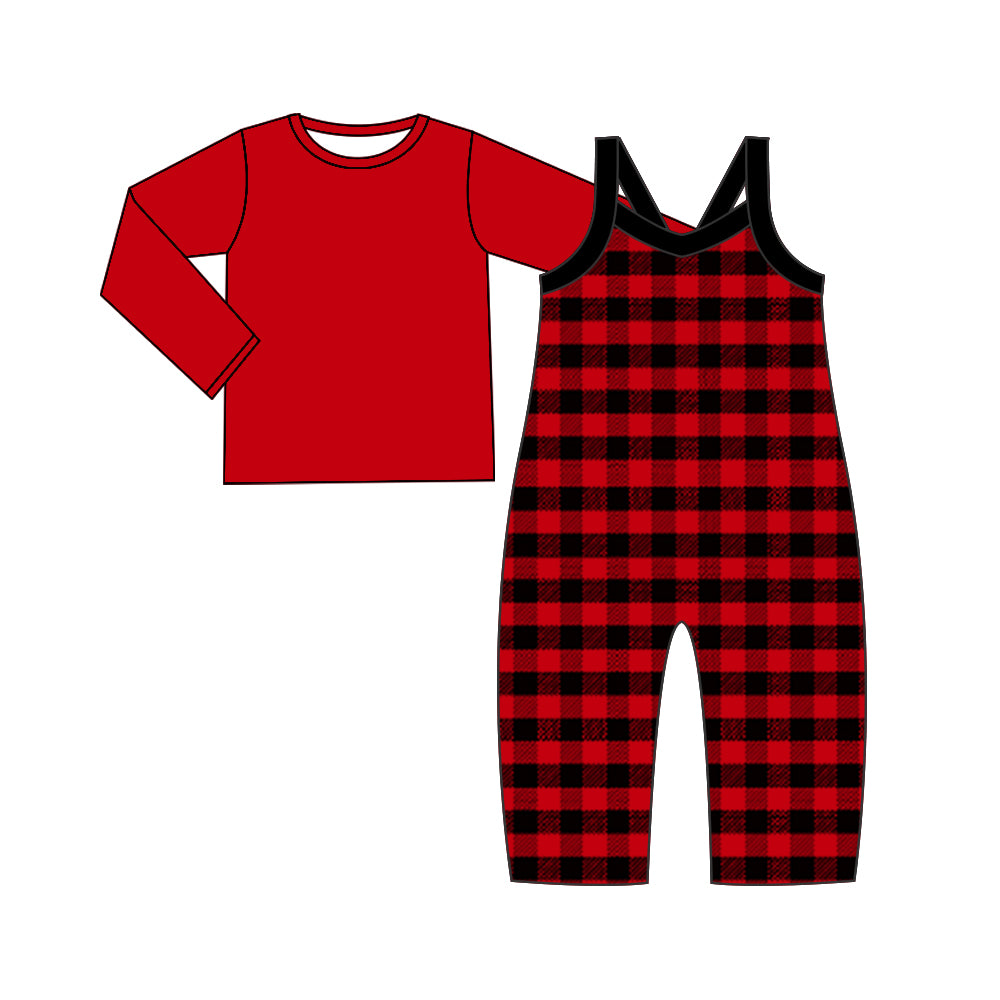 (Custom Design Preorder MOQ 5) Red Top Black Plaid Jumpsuit Girls Christmas Clothes Set