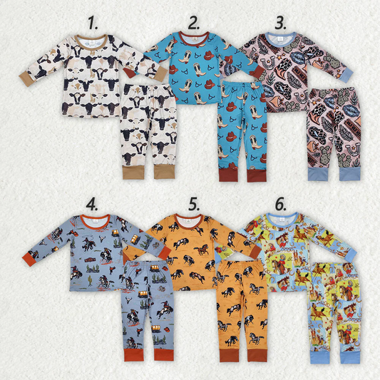 6 Colors Cowboy Western Print Boys Bamboo Pajamas Clothes Set Brothers Wear