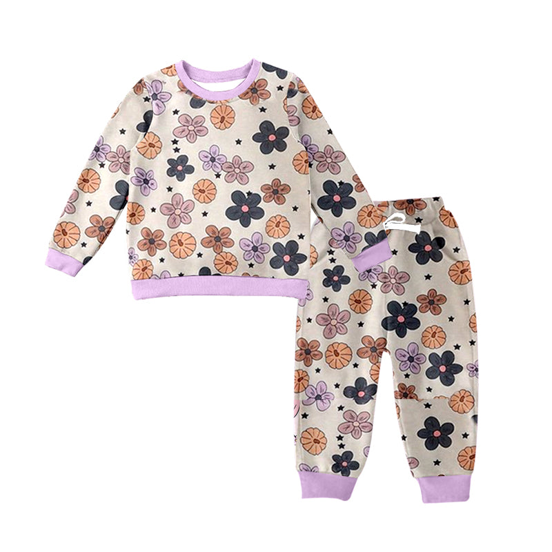 (Custom Design Preorder MOQ 5) Pumpkin Flowers Print Girls Fall Clothes Set