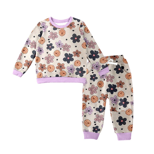 (Custom Design Preorder MOQ 5) Pumpkin Flowers Print Girls Fall Clothes Set