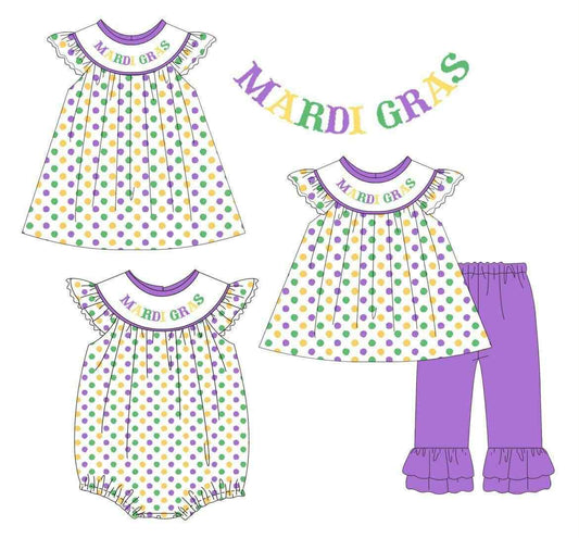 (Custom Design Preorder MOQ 5 Each Design) Mardi Gras Dots Print Girls Matching Clothes Sisters Wear