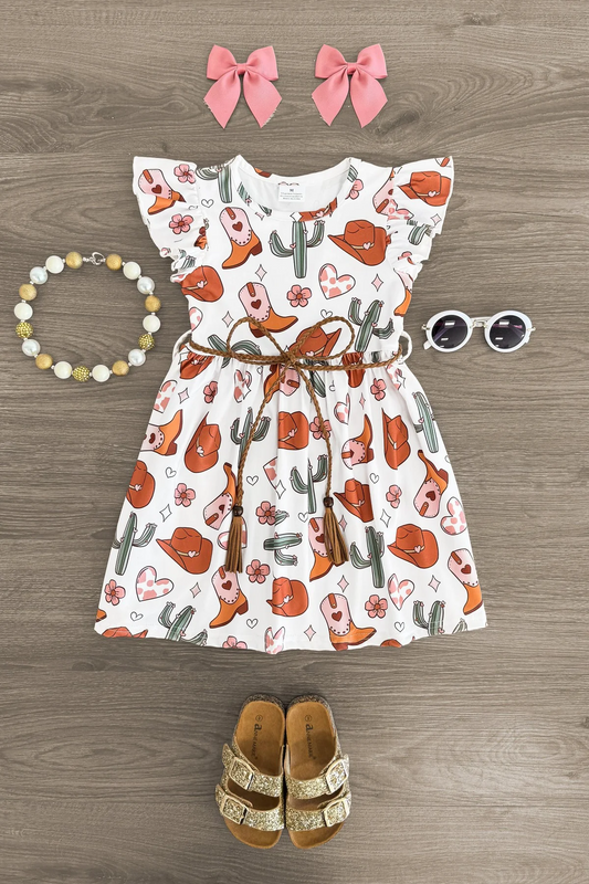 (Custom Design Preorder MOQ 5) Hat Boots Cactus Print Girls Knee Length Western Dress