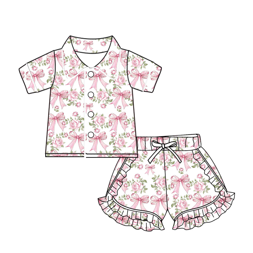 (Custom Design Preorder MOQ 5) Flowers Pink Bows Print Girls Summer Pajamas Clothes Set