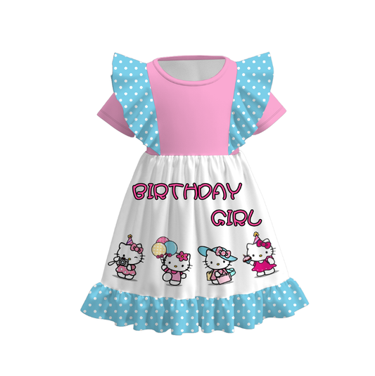 (Custom Design Preorder MOQ 5) Cartoon Cats Birthday Girl Print Girls Knee Length Dress