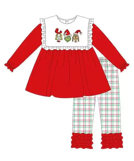 (Split Order Preorder) Deadline October 28  Green Frog Red Tunic Top Plaid Pants Girls Christmas Clothes Set