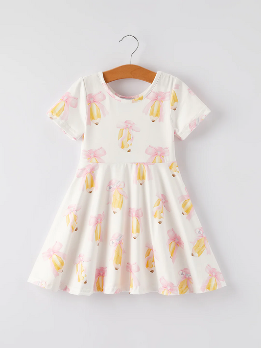 (Custom Design Preorder MOQ 5) Pen Bows Print Girls Back to School Knee Length Dress