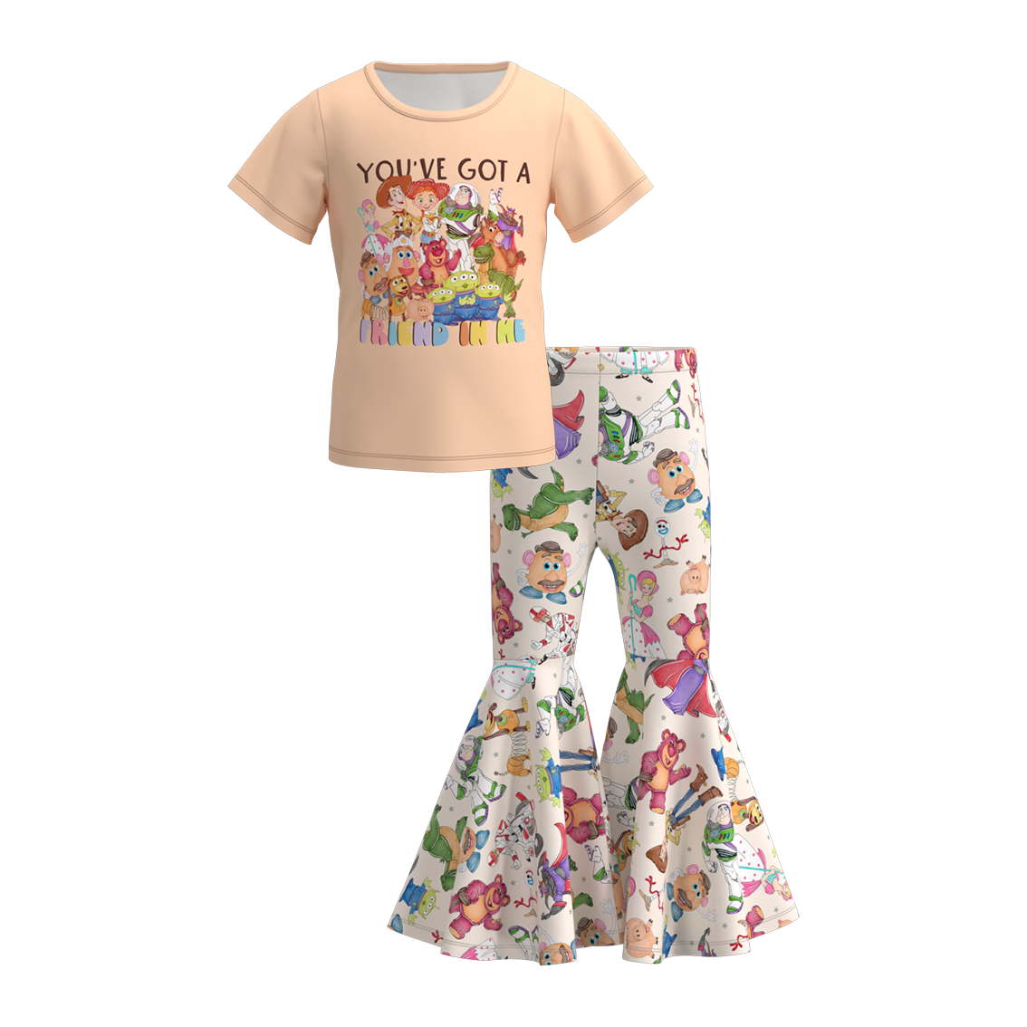 (Custom Design Preorder MOQ 5)  Cartoon Toys Bell Pants Girls Clothes Set