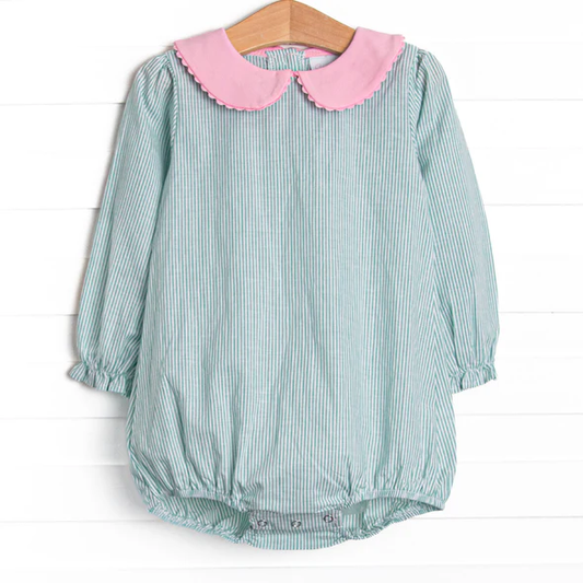 (Custom Design Preorder MOQ 5) Green Stripes Print Baby Girls Romper