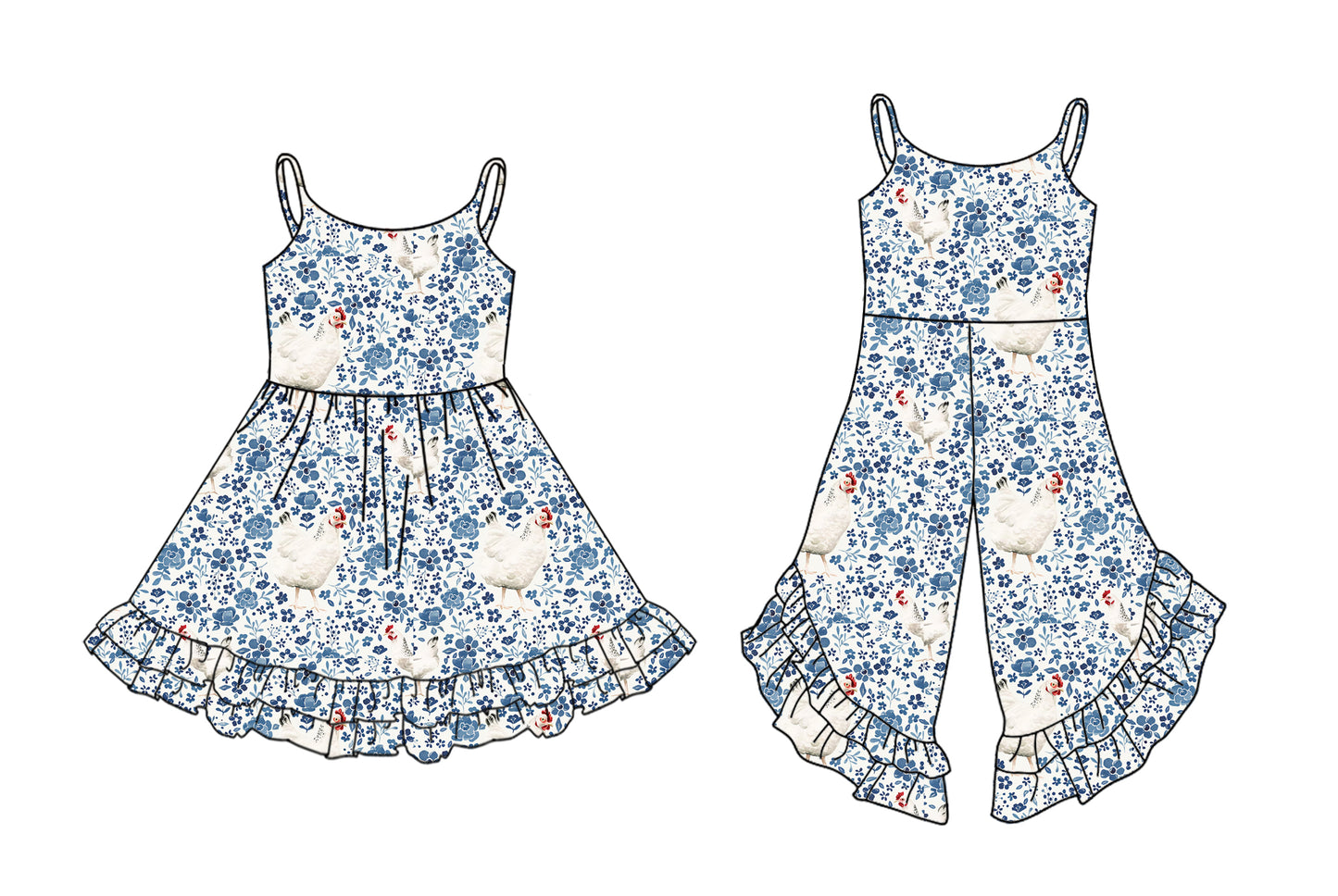 2.24(Custom Design Preorder MOQ 5 Each Design) Blue Flowers Chicken Print Girls Summer Matching Clothes Sisters Wear