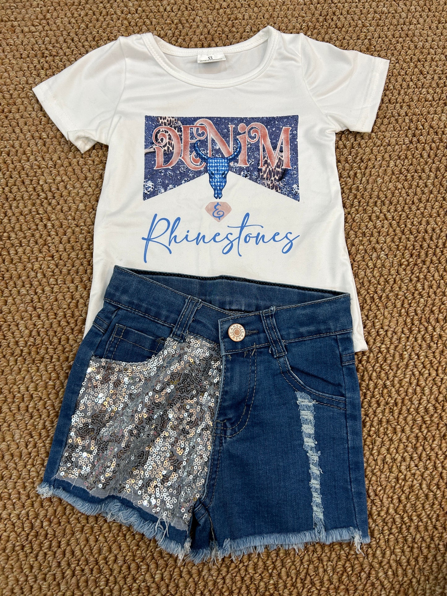 GT0133+D8-14+GB0006 Cow Skull Top Sequins Blue Denim Shorts Girls 3 Pieces Summer Outfits