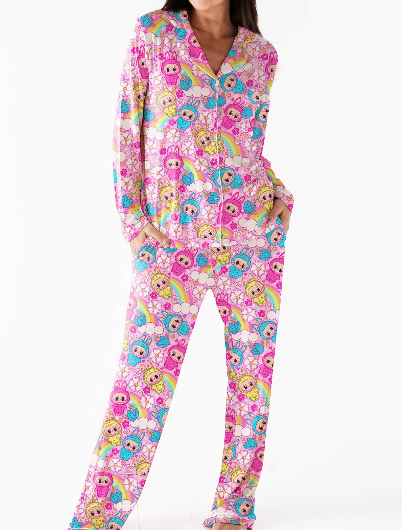 (Custom Design Preorder MOQ 5 Each Design) Cartoon Labub* Rainbow Print Buttons Pajamas Sets Mom and Me Matching Clothes