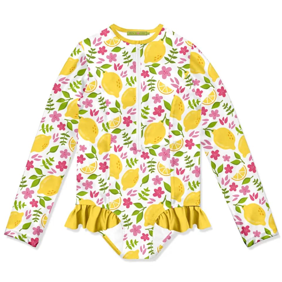(Custom Design Preorder MOQ 5)  Lemon Flowers Print Girls Long Sleeve 1 Piece Swimsuits