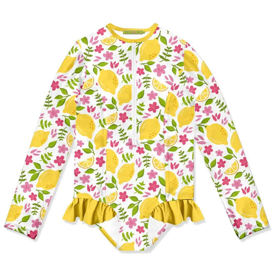 (Custom Design Preorder MOQ 5)  Lemon Flowers Print Girls Long Sleeve 1 Piece Swimsuits