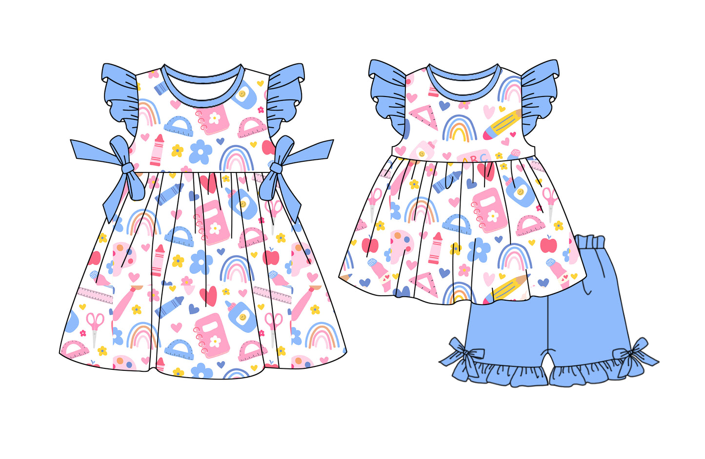 12.23 (Custom Design Preorder MOQ 5 Each Design) Pen Rule Flowers Print Girls Back to School Matching Clothes Sisters Wear