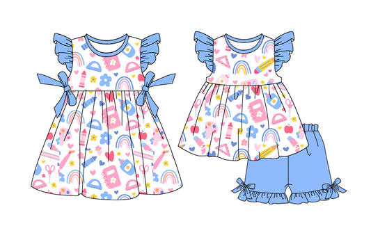 12.23 (Custom Design Preorder MOQ 5 Each Design) Pen Rule Flowers Print Girls Back to School Matching Clothes Sisters Wear