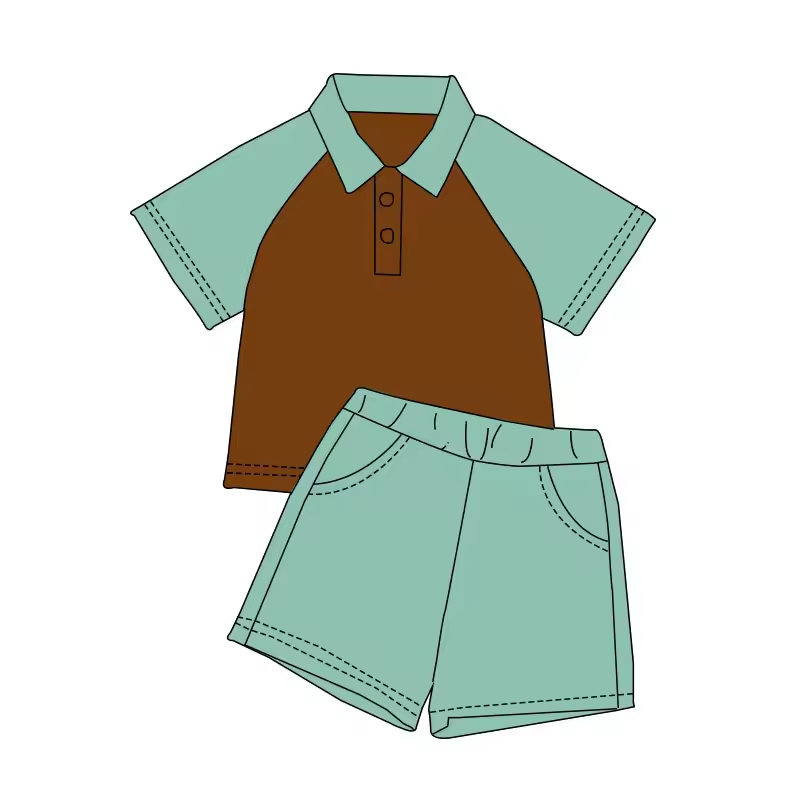 (Custom Design Preorder MOQ 5)  Brown Polo Top Green Shorts Boys Summer Clothes Set