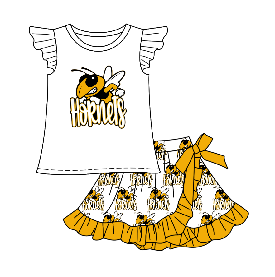 (Custom Design Preorder MOQ 5) Team's Bee HORNETS Print Skirts Shorts Girls Summer Clothes Set
