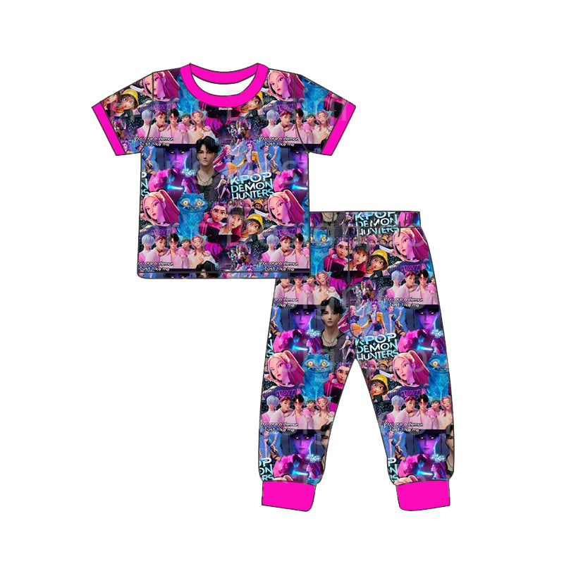 (Custom Design Preorder MOQ 5 Each Item) Cartoon KPOP Character Hot Pink Print Girls Matching Clothes