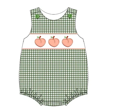 (Custom Design Preorder MOQ 5) Peach Green Plaid Print Baby Boys Summer Romper