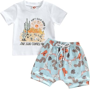 (Custom Design Preorder MOQ 5) THE SUN COMES UP Top Cactus Blue Shorts Boys Summer Western Clothes Set