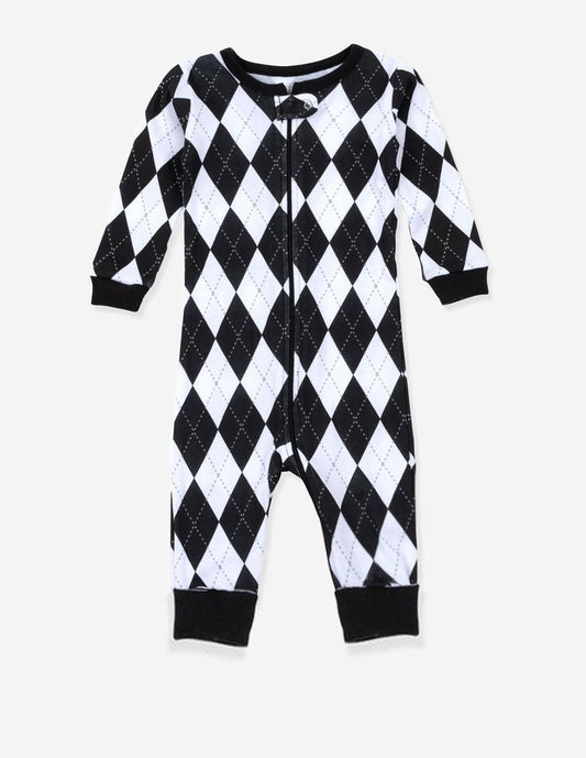(Custom Design Preorder MOQ 5) Black Plaid Print Baby Fall Sleeper Zipper Romper