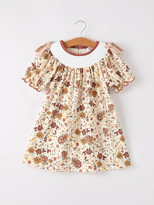 (Custom Design Preorder MOQ 5 ) Brown Flowers Print Girls Fall Knee Length Dress