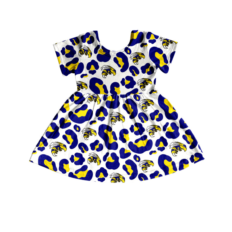 (Custom Design Preorder MOQ 5) Team's Yellowjackets Blue Leopard Print Girls Short Sleeve Knee Length Dress