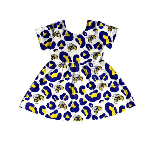 (Custom Design Preorder MOQ 5) Team's Yellowjackets Blue Leopard Print Girls Short Sleeve Knee Length Dress