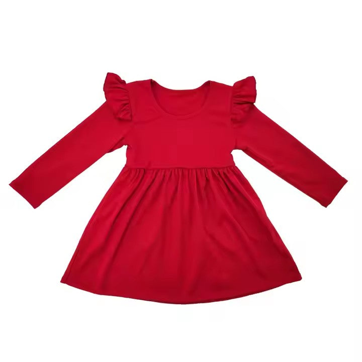 (Custom Design Preorder MOQ 5) Red Color Girls Long Sleeve Knee Length Dress
