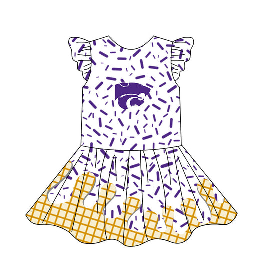 (Custom Design Preorder MOQ 5) Team's Purple Sprinkles Print Girls Summer Knee Length Dress