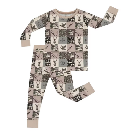 (Custom Design Preorder MOQ 5) Duck Deer Camo Hunting Print Boys Fall Pajamas Clothes Set