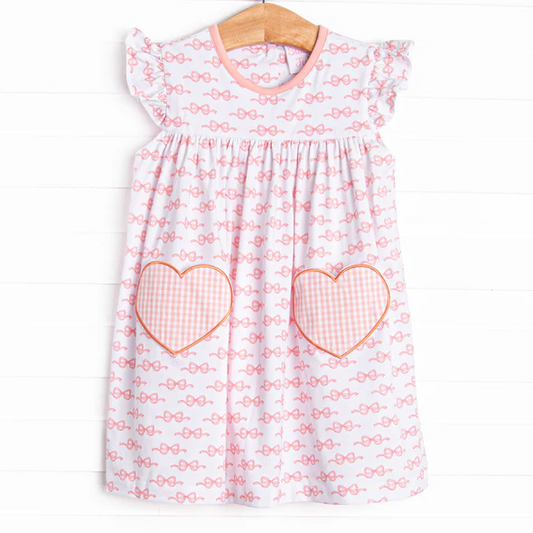 (Custom Design Preorder MOQ 5) Bows Heart Print Girls Valentine's Day Knee Length Dress