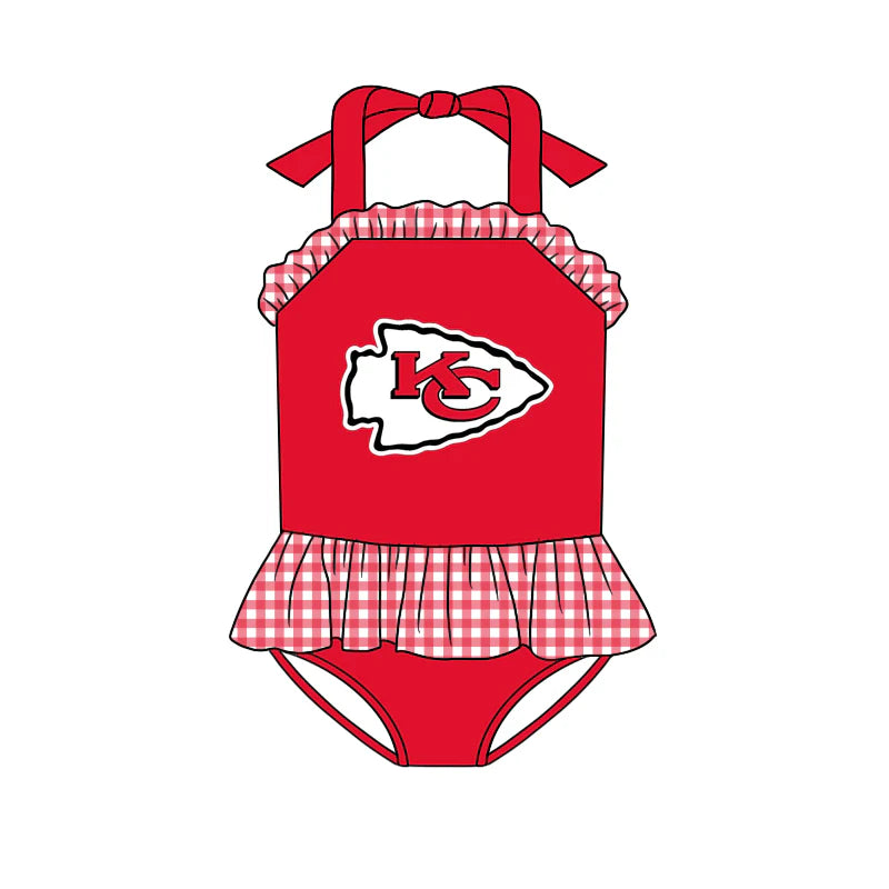 (Custom Design Preorder MOQ 5) Team's Chiefs Plaid Print Girls 1 Piece Swimsuits
