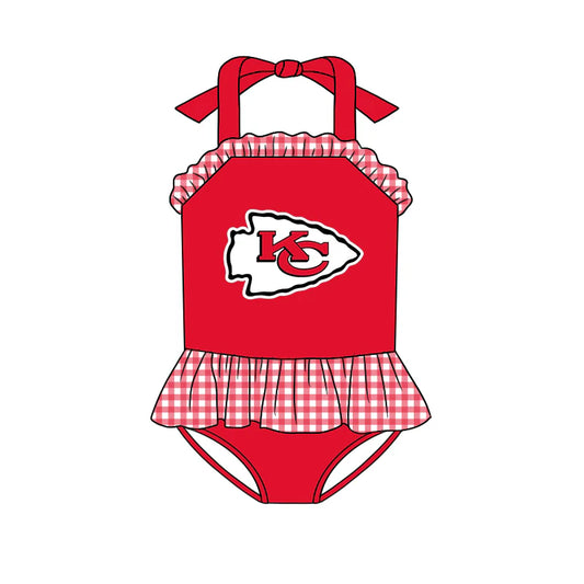 (Custom Design Preorder MOQ 5) Team's Chiefs Plaid Print Girls 1 Piece Swimsuits