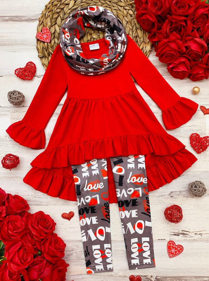 (Custom Design MOQ 5)  Red Tunic Top Love Legging Pants Girls 3 Pieces Valentine's Clothes set