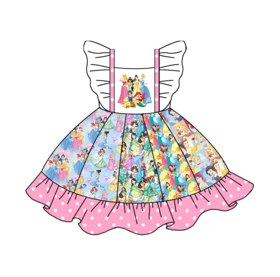 3.10(Custom Design Preorder MOQ 5) Cartoon Princess Print Girls Summer Knee Length Twirl Dress