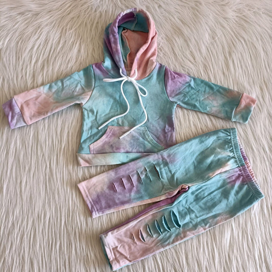 (Promotion)6 A30-26 Girl's Blue Tie-dye Hooded Outfits