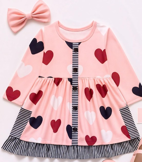(Custom Design Preorder MOQ 5) Hearts Stripes Print Pockets Girls Valentine's Day Knee Length Dress