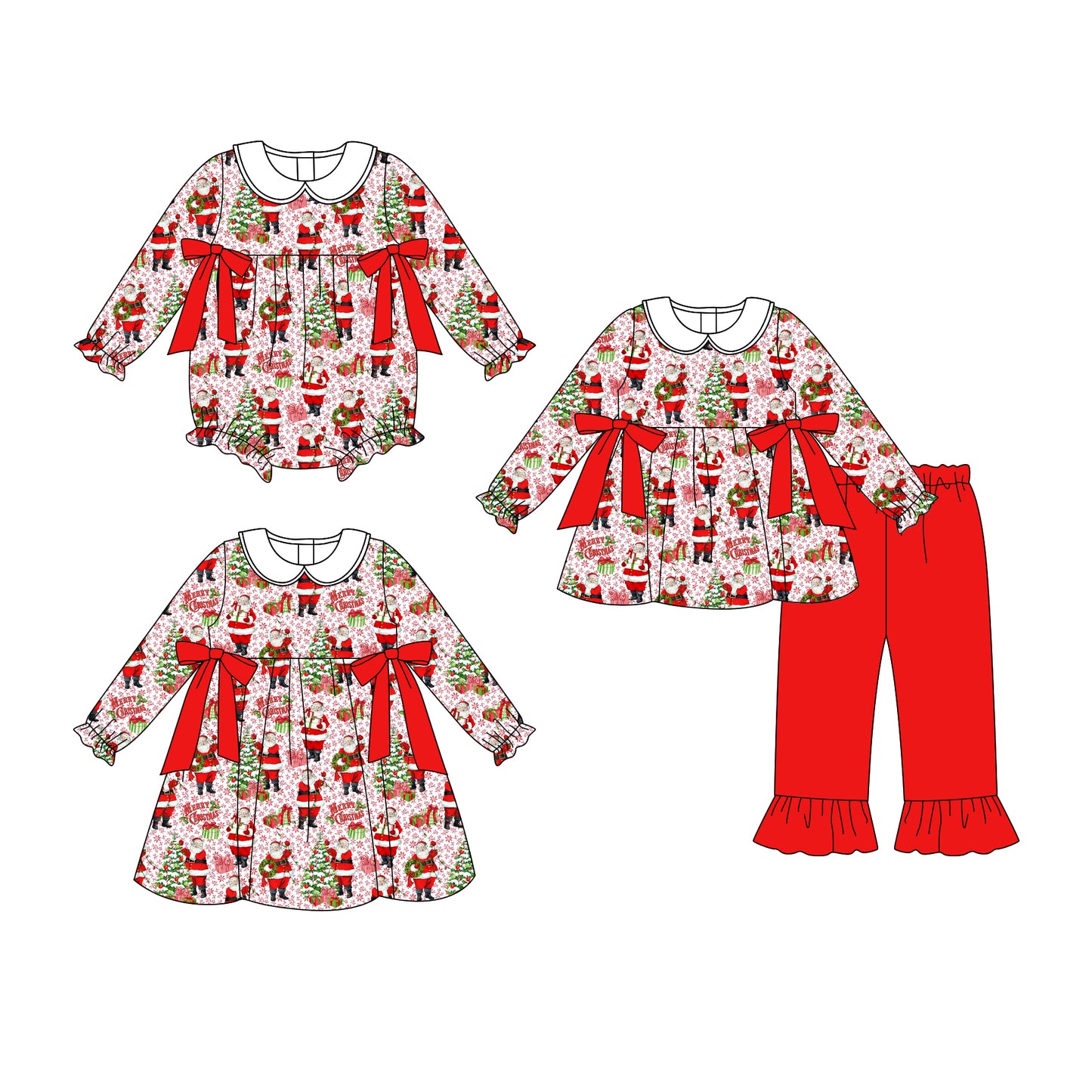 7.1(Custom Design Preorder MOQ 5 Each Design) Santa Holly Print Girls Christmas Matching Clothes Sisters Wear