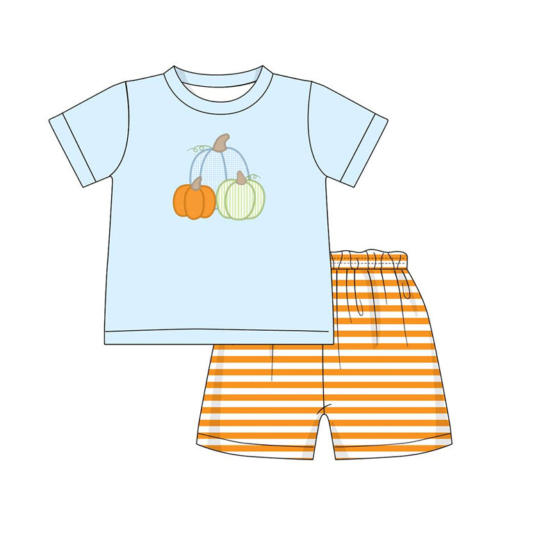 (Custom Design Preorder MOQ 5) Pumpkin Top Stripes Shorts Boys Fall Clothes Set