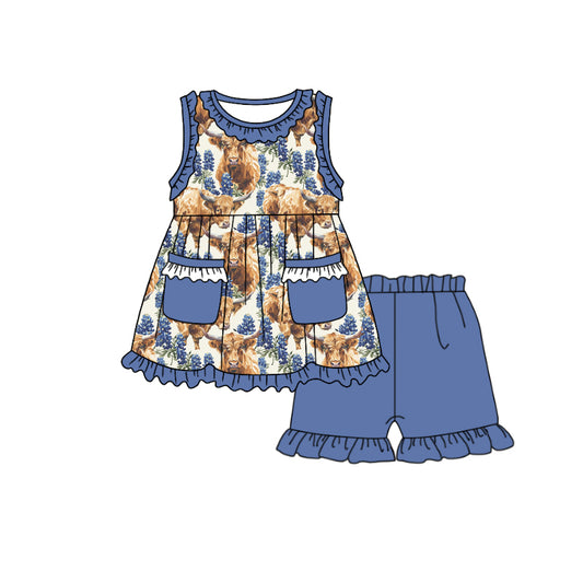 (Custom Design Preorder MOQ 5) Purple Flowers Highland Cow Print Girls Summer Clothes Set