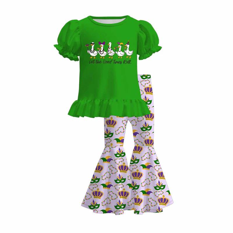 (Custom Design Preorder MOQ 5)  Goose Green Top Bell Pants Girls Mardi Gras Clothes Set